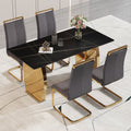 Table And Chair Set,Modern Rectangular Table With 0.4 Inch Black Patterned Tabletop And Gold Legs, Suitable For Kitchen, Dining Room, And Living Roomcomfortable Pu Seats,Perfect For Dinner, Meet Grey Black Seats 4 Sintered Stone