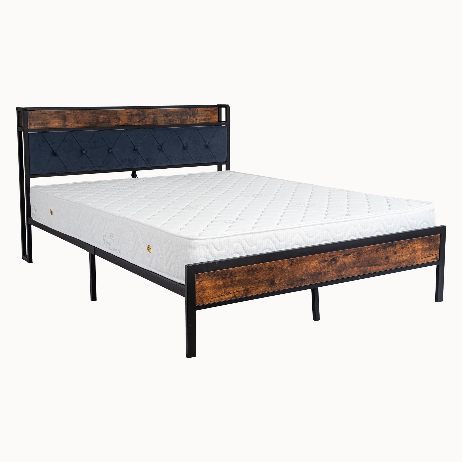 Black Queen Metal Bed Frame With Upholstered Headboard And Footboard And Iron Slats, Rustic Bed Base, Heavy Duty Platform Bed Frame,12 Inch Underbed Storage No Springs Required Box Spring Required Queen Black Dark Walnut Metal Brown Bedroom