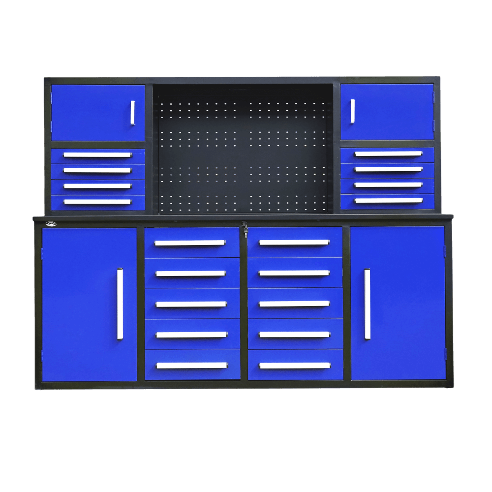 7' Garage Storage Cabinet With Workbench 18 Drawers & 4 Cabinets & Pegboard Blue Steel