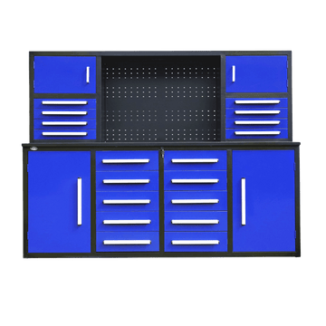 7' Garage Storage Cabinet With Workbench 18 Drawers & 4 Cabinets & Pegboard Blue Steel