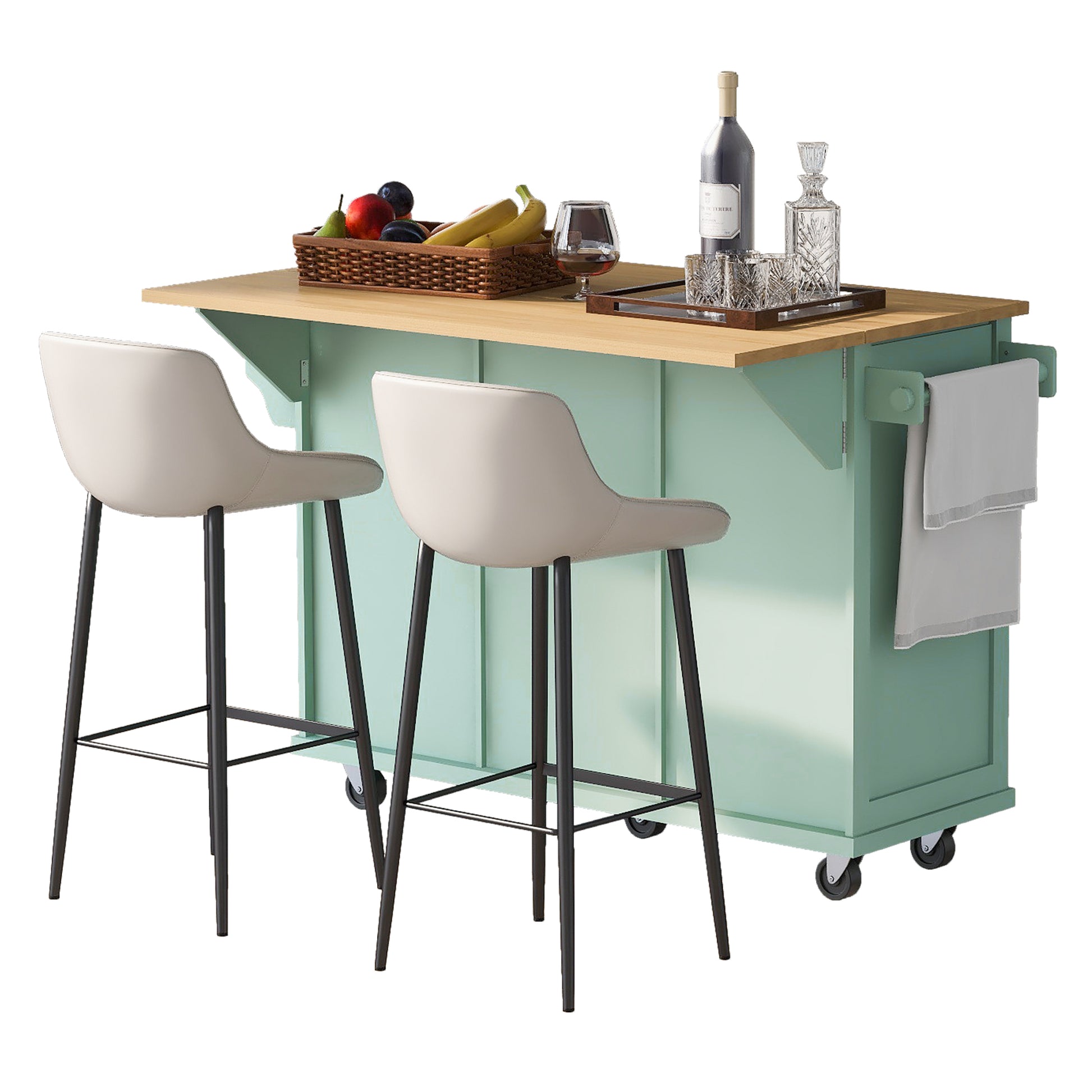 Kitchen Cart With Rubber Wood Drop Leaf Countertop ,Cabinet Door Internal Storage Racks,Kitchen Island On 5 Wheels With Storage Cabinet And 3 Drawers For Dinning Room, Mint Green Mint Green Kitchen American Design,American Traditional,Antique Rectangular