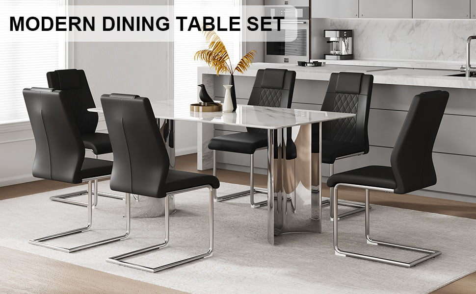 Table And Chair Set, Modern And Minimalist Dining Table. Imitation Marble Glass Sticker Desktop, Stainless Steel Legs, Stable And Beautiful. Comfortable Pu Seats. Dt 69 Silver Glass