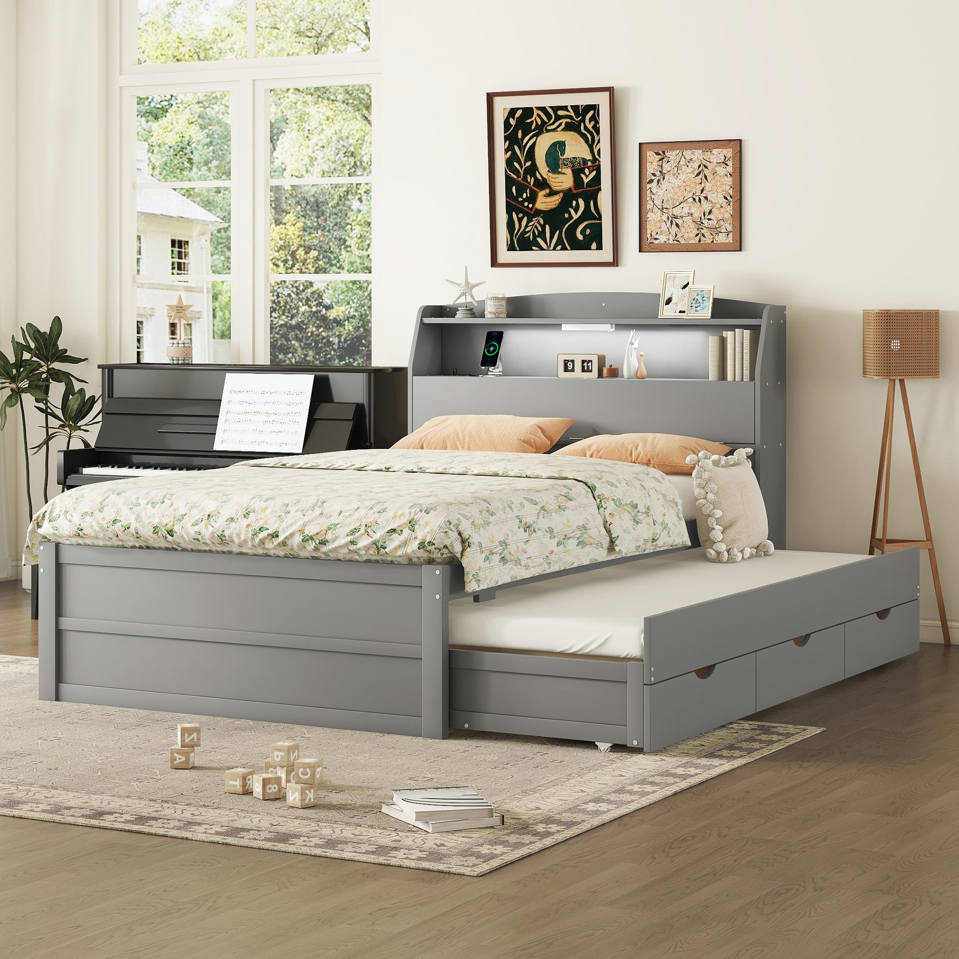 Full Size Wooden Led Platform Bed With Trundle, With Storage Headboard, With Drawers, Gray Full Gray Plywood