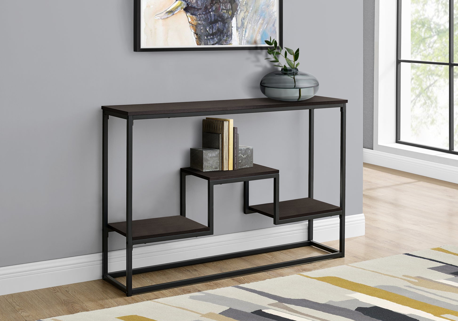 Accent Table, Console, Entryway, Narrow, Sofa, Living Room, Bedroom, Brown Laminate, Black Metal, Contemporary, Modern Espresso Metal