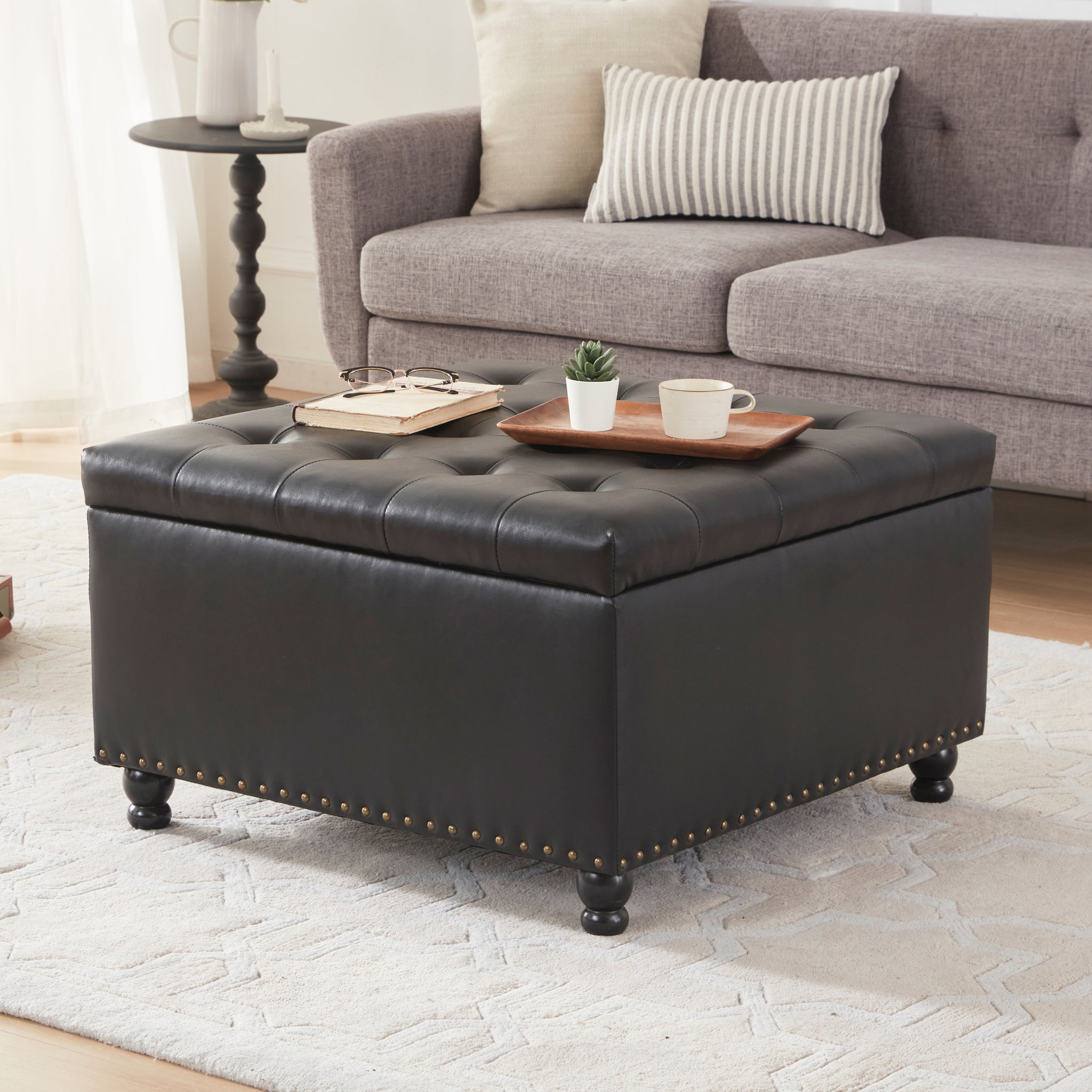 Large Square Storage Ottoman Bench, Tufted Coffee Table Ottoman With Storage, Oversized Storage Ottomans Toy Box Footrest For Living Room, Black Black Wood Backless Wood Square Armless With Storage Pu Leather