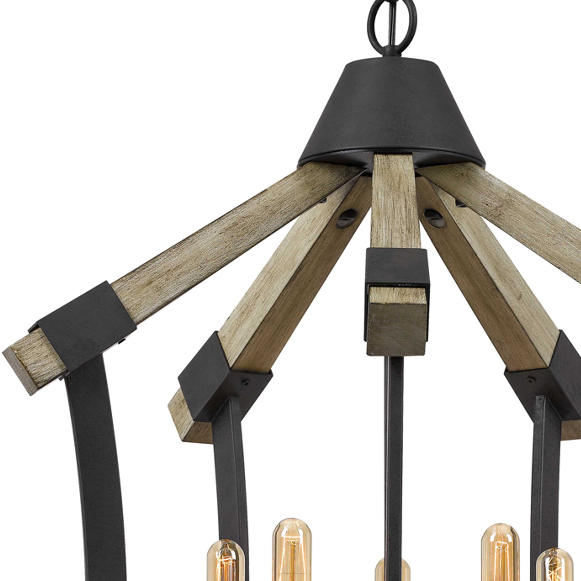 5 Bulb Pendant Fixture With Wooden And Metal Frame, Brown And Black Black Brown Wood Metal