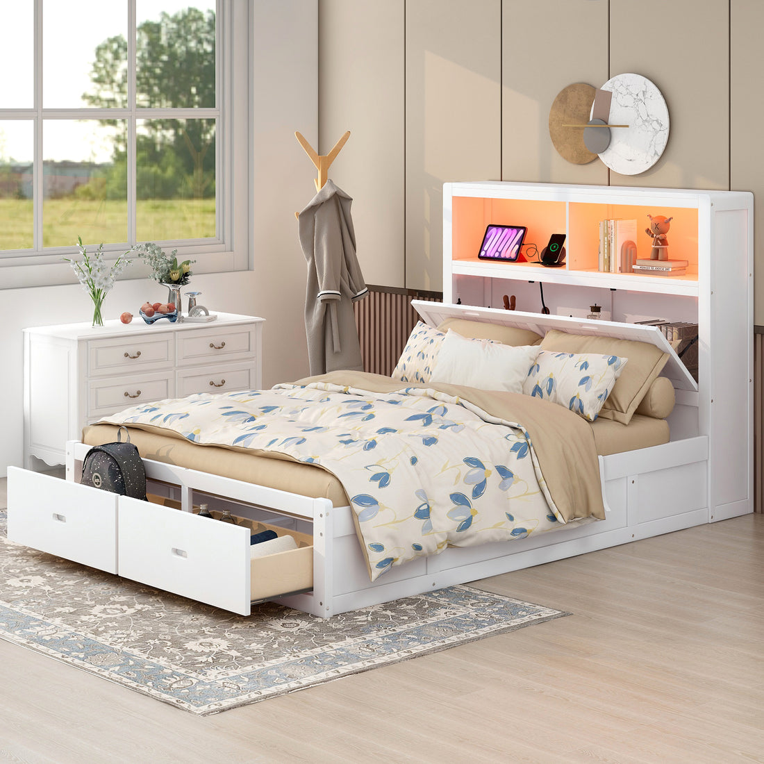 Wood Queen Size Hydraulic Platform Bed With Storage Led Headboard, Charging Station And 2 Drawers, White Box Spring Not Required Queen White Wood Bedroom Bed Frame Solid Wood Mdf