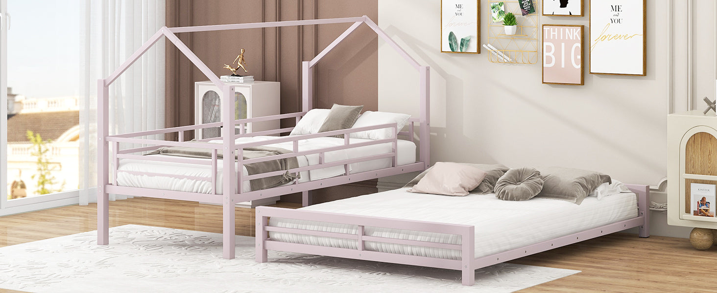 Metal House Bunk Bed, Twin Over Full, Pink Full Pink Metal