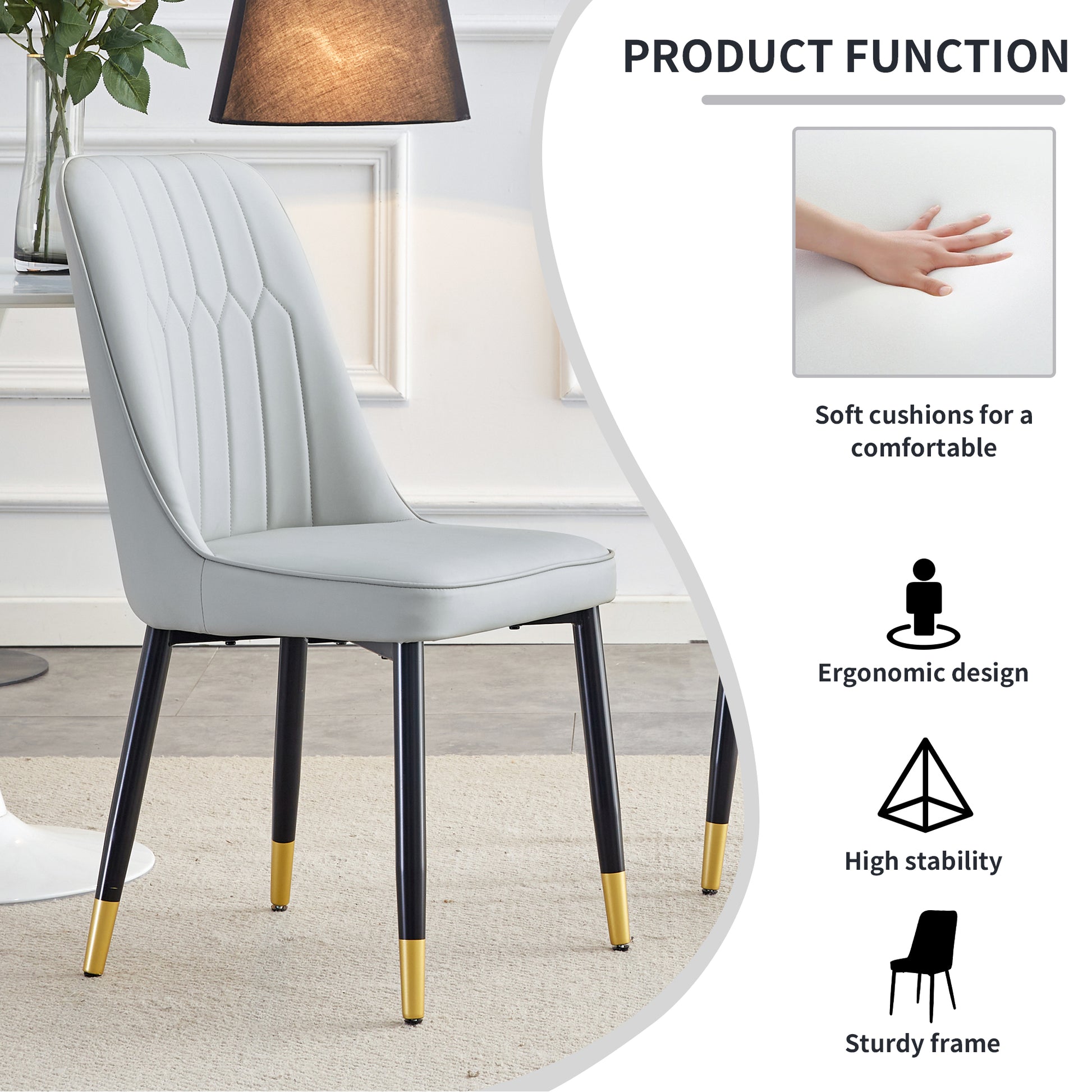 Table And Chair Set.The Table Has A Glass Top With Imitation Marble Pattern Stickers And Stainless Steel Golden Legs. Paried With Chairs With Pu Artificial Leather Backrest Cushions And Black Legs. White Gold Seats 6 Glass Metal