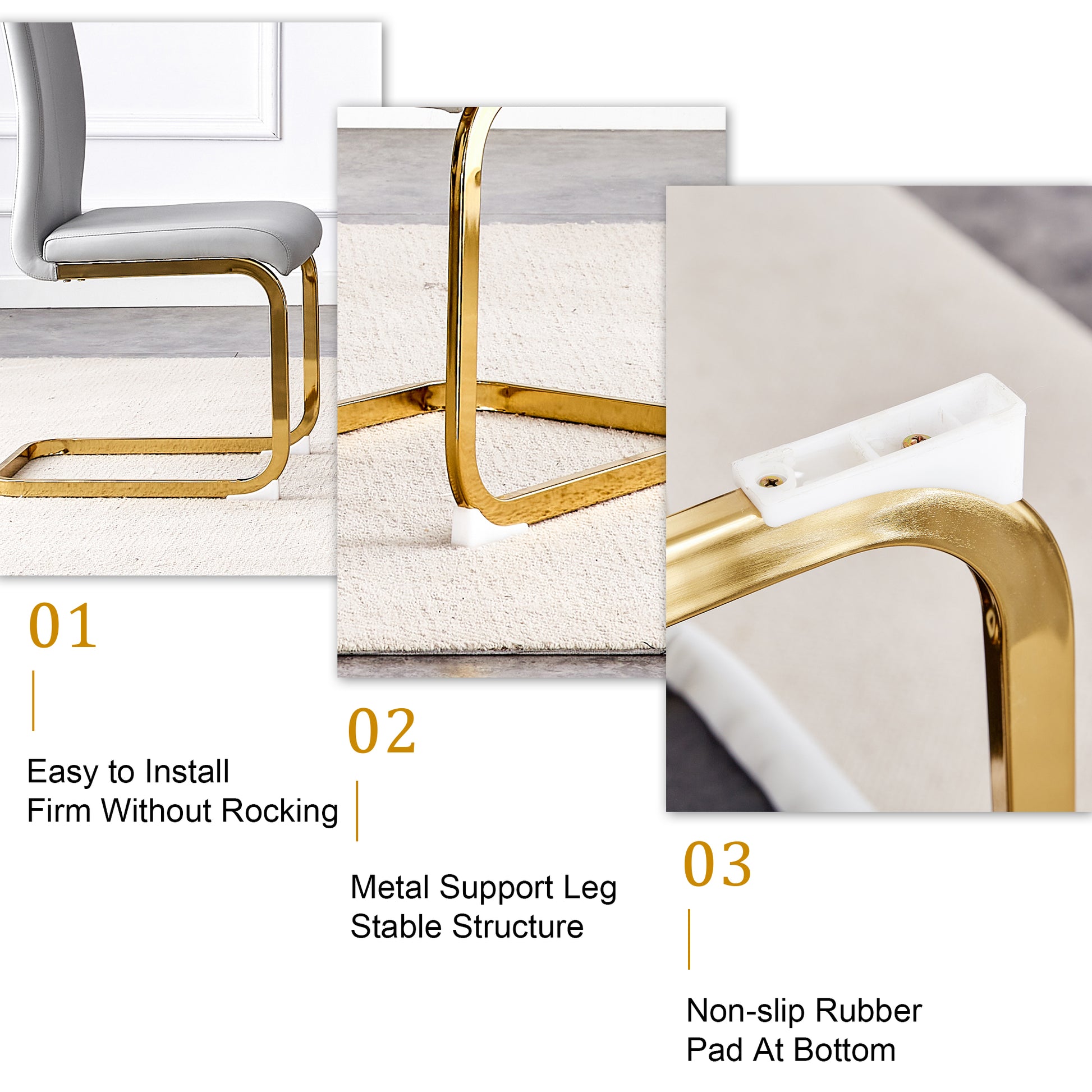 Table And Chair Set.Modern Rectangular Dining Table With Black Textured Stickers Glass Tabletop And Gold Plated Metal Legs.Paried With 6 Comfortable Chairs With Pu Seats And Golden Metal Legs. Gold,Light Gray Seats 6 Glass Metal