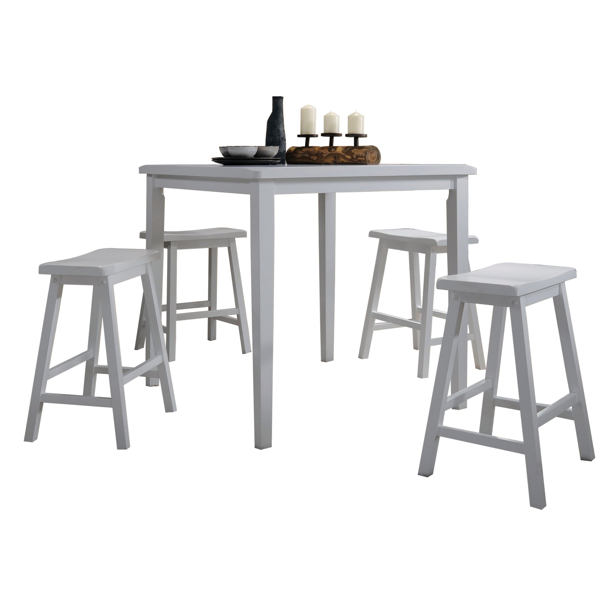 White 5 Piece Counter Height Set With Saddle Stools Wood White Seats 4 Bedroom Square Wood