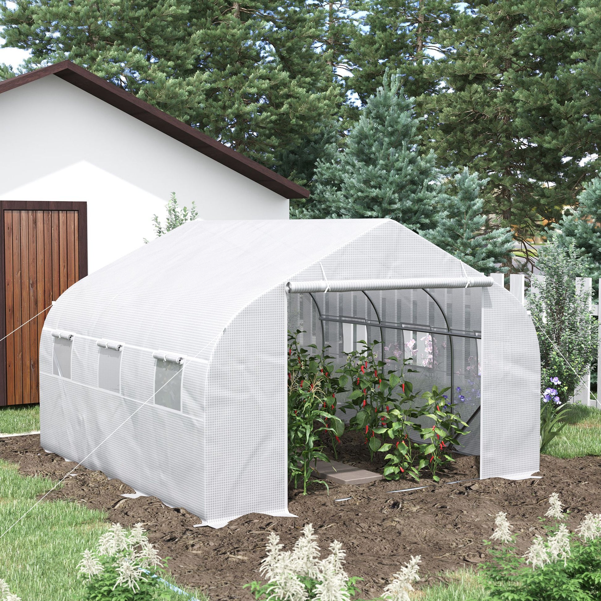 Outsunny 12' X 10' X 7' Walk In Greenhouse, Tunnel Green House With Zippered Mesh Door And 6 Mesh Windows, Gardening Plant Hot House With Galvanized Steel Frame, White White Steel