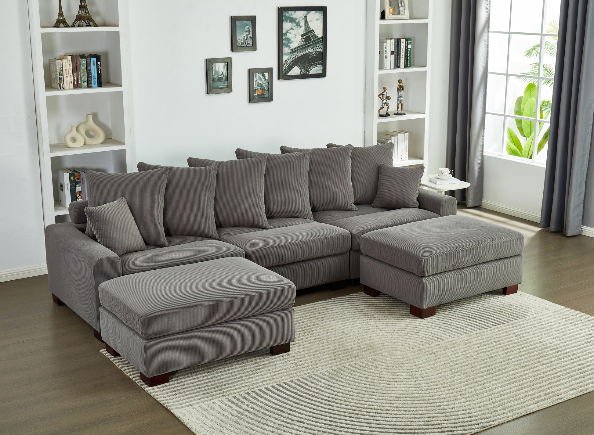 Modular Sectional Sofa,5 Seater Oversized Convertible L & U Shaped Couch, Corduroy Fabric Grey Wood Fabric 5 Seat