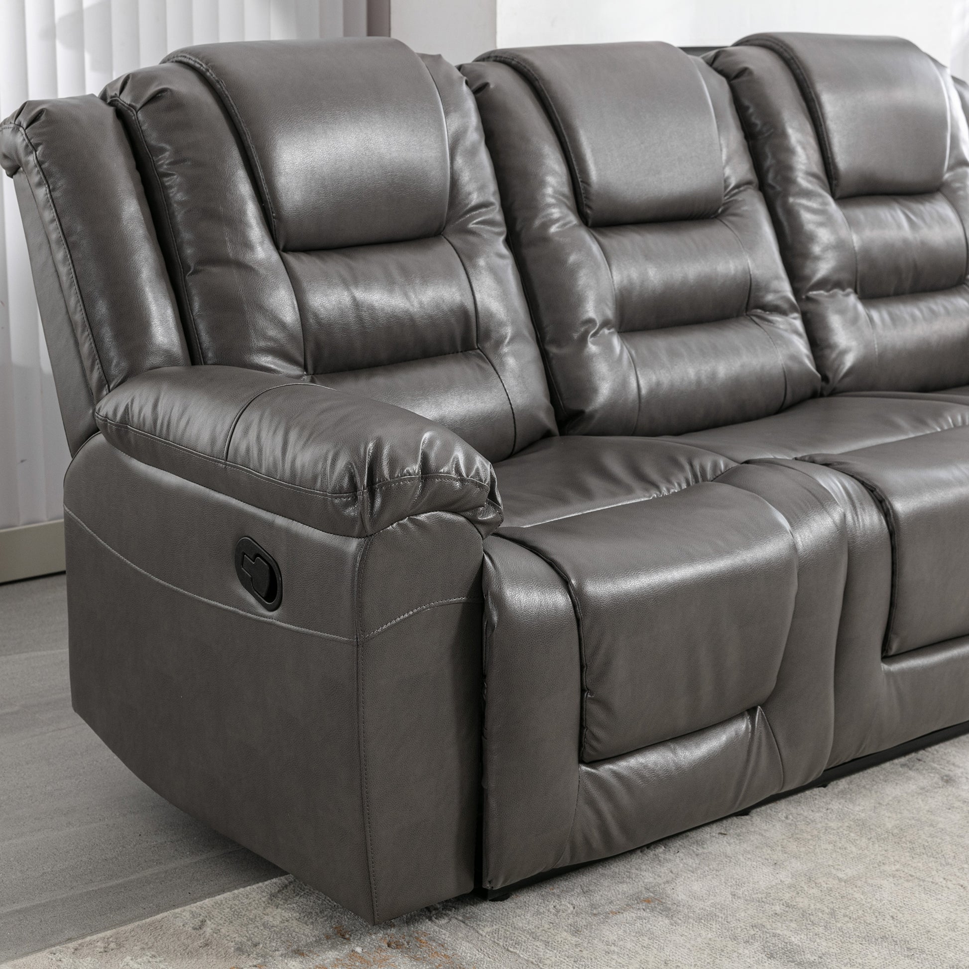 3 Seater Home Theater Recliner Manual Recliner Chair With Two Built In Cup Holders For Living Room,Bedroom, Grey Grey Foam Pu