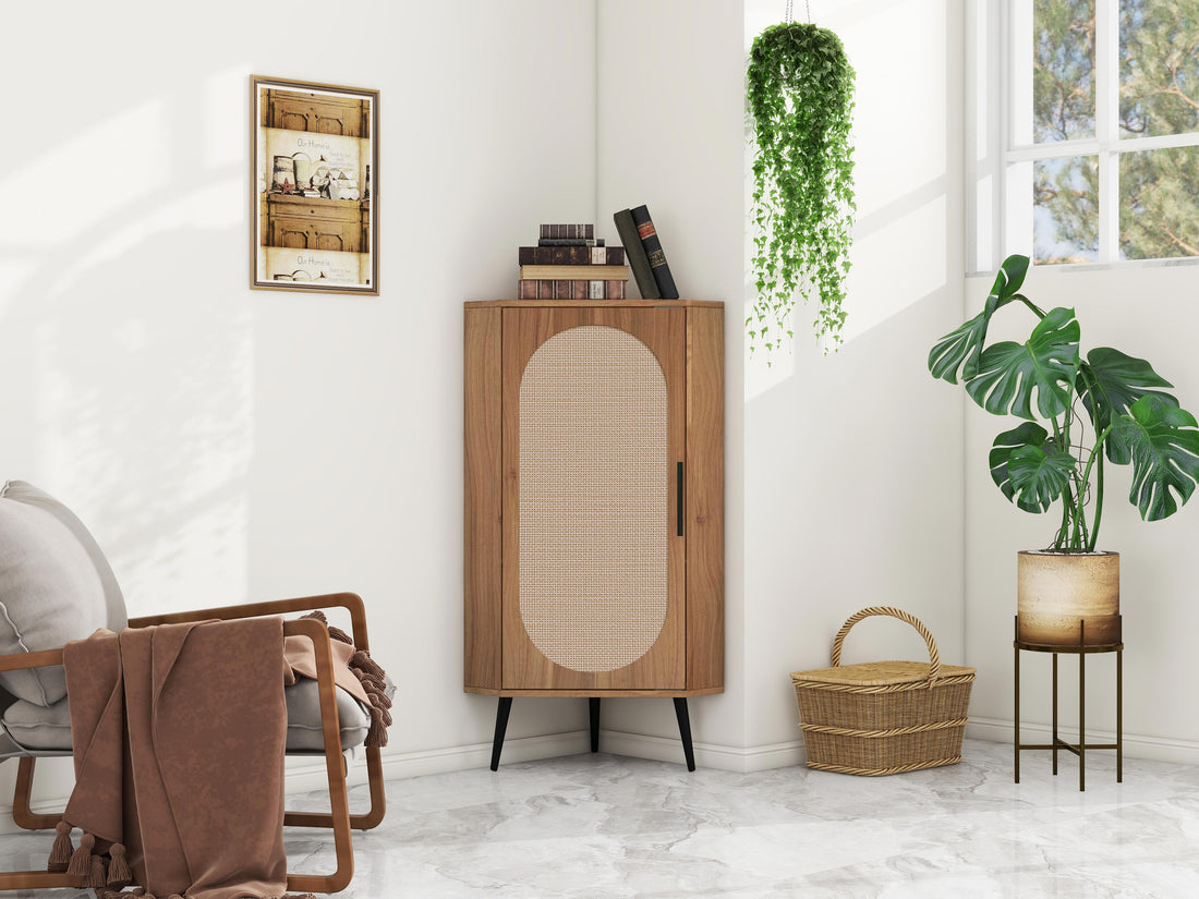 Corner Cabinet ,Rattan Door,Freestanding Corner Tables For Small Spaces, Corner Shelf Stand For Living Room, Kitchen, Bathroom, Bedroom Walnut Particle Board