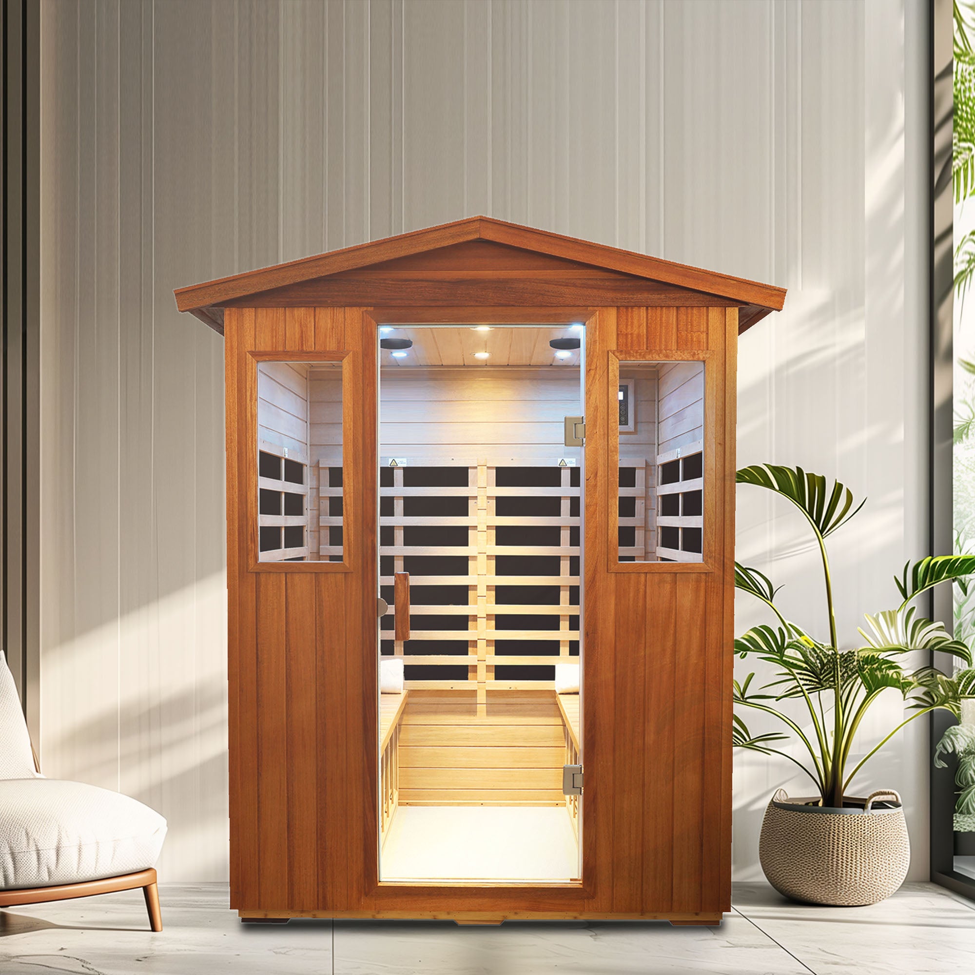 Outdoor Khaya Wood Four Person Far Infrared Sauna Room Natural Wood Metal & Wood