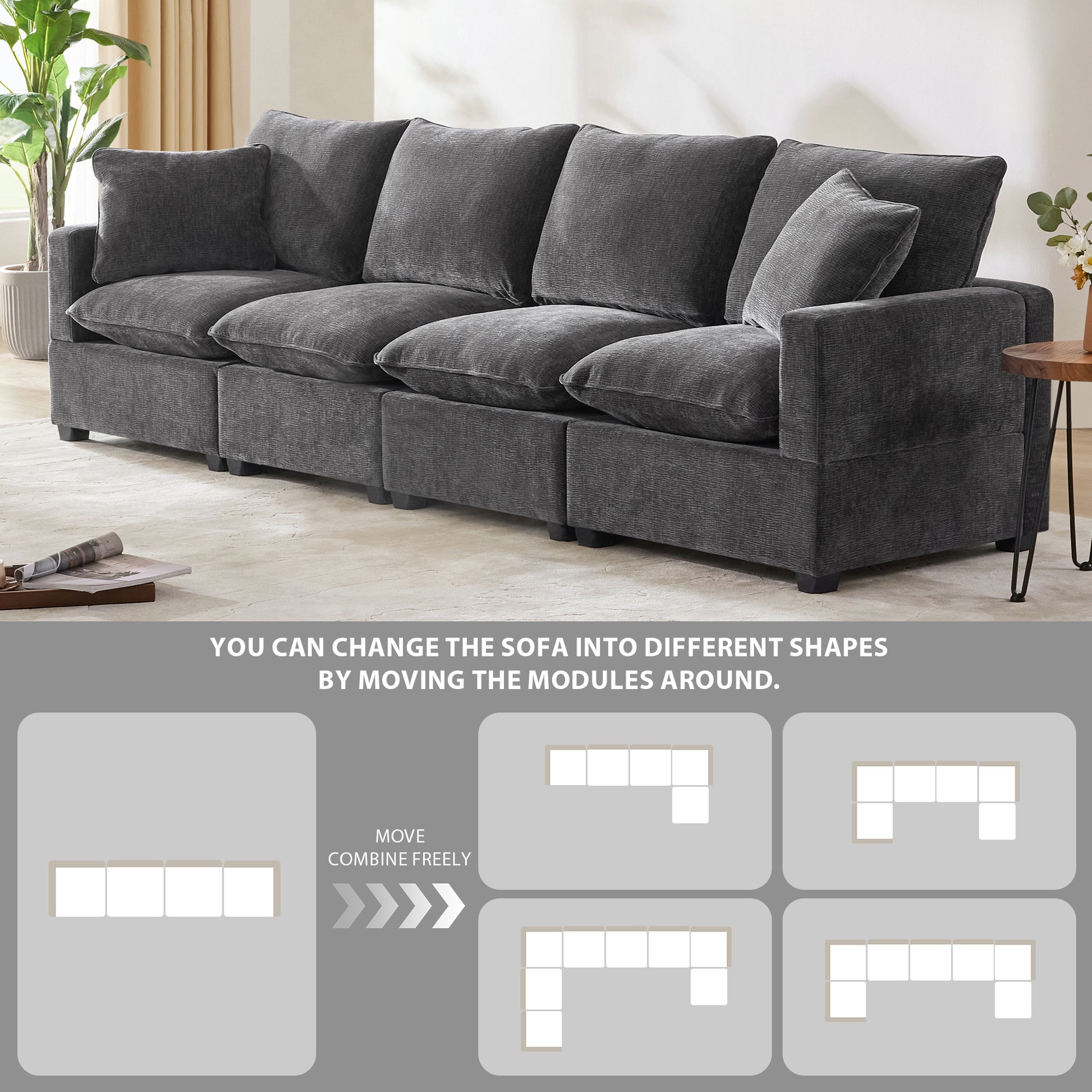 110*29" Modern Modular Sofa, 4 Seat Chenille Sectional Couch Set With 2 Pillows Included, Freely Combinable Indoor Funiture For Living Room, Apartment, Office, 2 Colors Black Grey Chenille 4 Seat