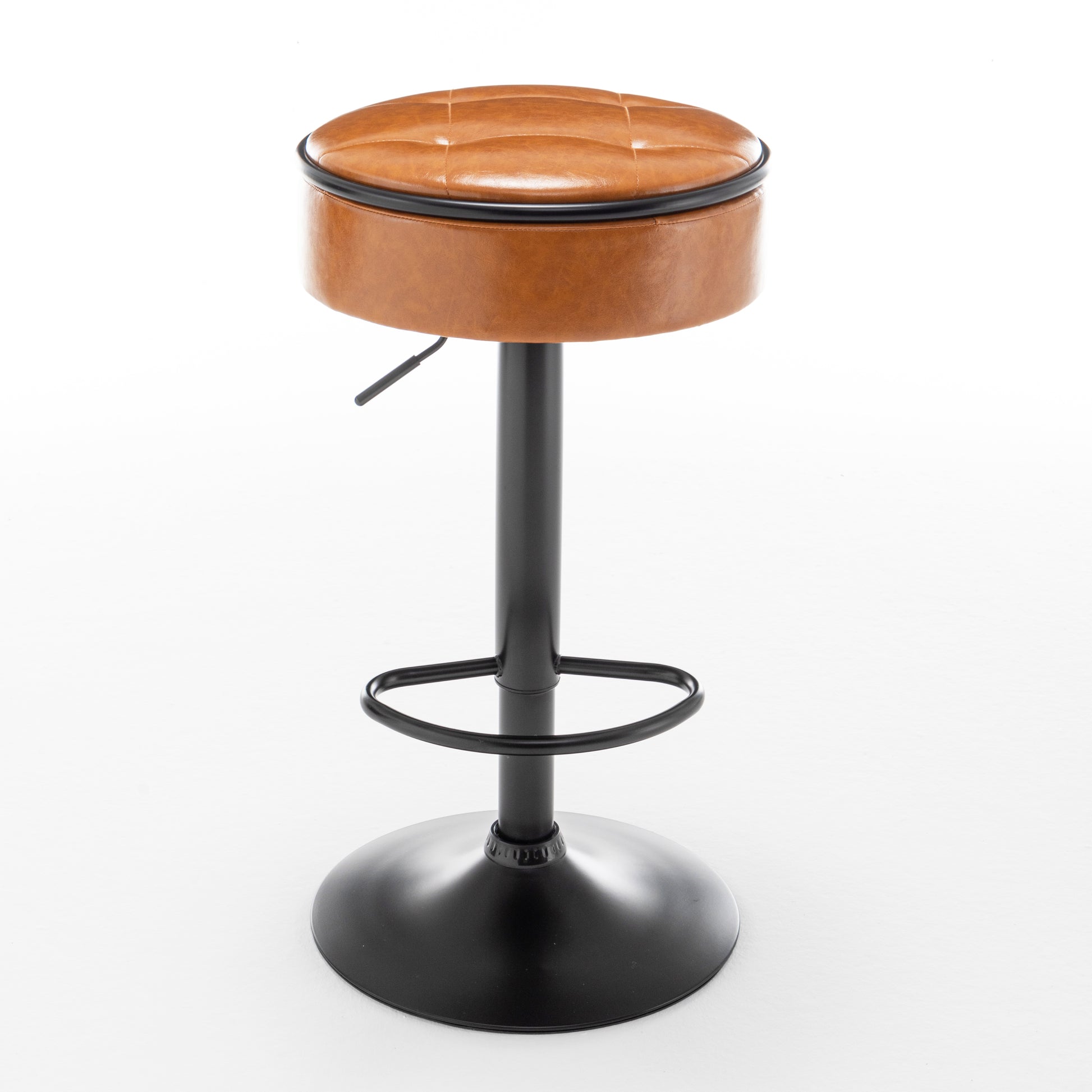 Round Storage Bar Stool Set Of 2, Brown Faux Leather Height Adjustable Barstool, 360 Counter Height Swivel Stool, Armless Bar Chair With Metal Frame For Kitchen Counter Dining Living Room Brown Set Of 2 Foam Pu Leather