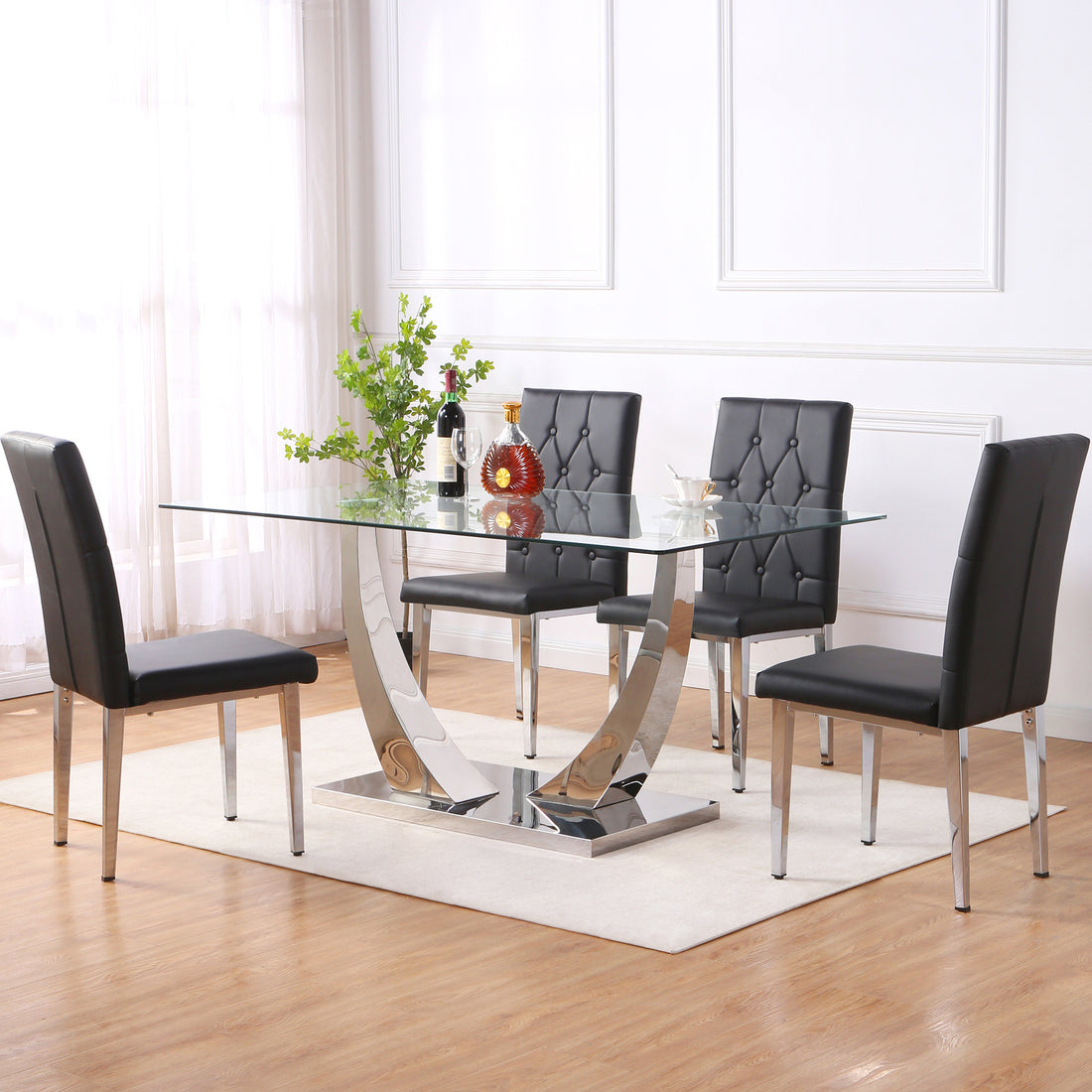 Table And Chair Set, Modern Dining Table, Tempered Glass Tabletop And Silver Colored Leg Table, Soft And Comfortable Dining Chair, Perfect For Dinner, Meetings, Home And Office Decor Black Glass