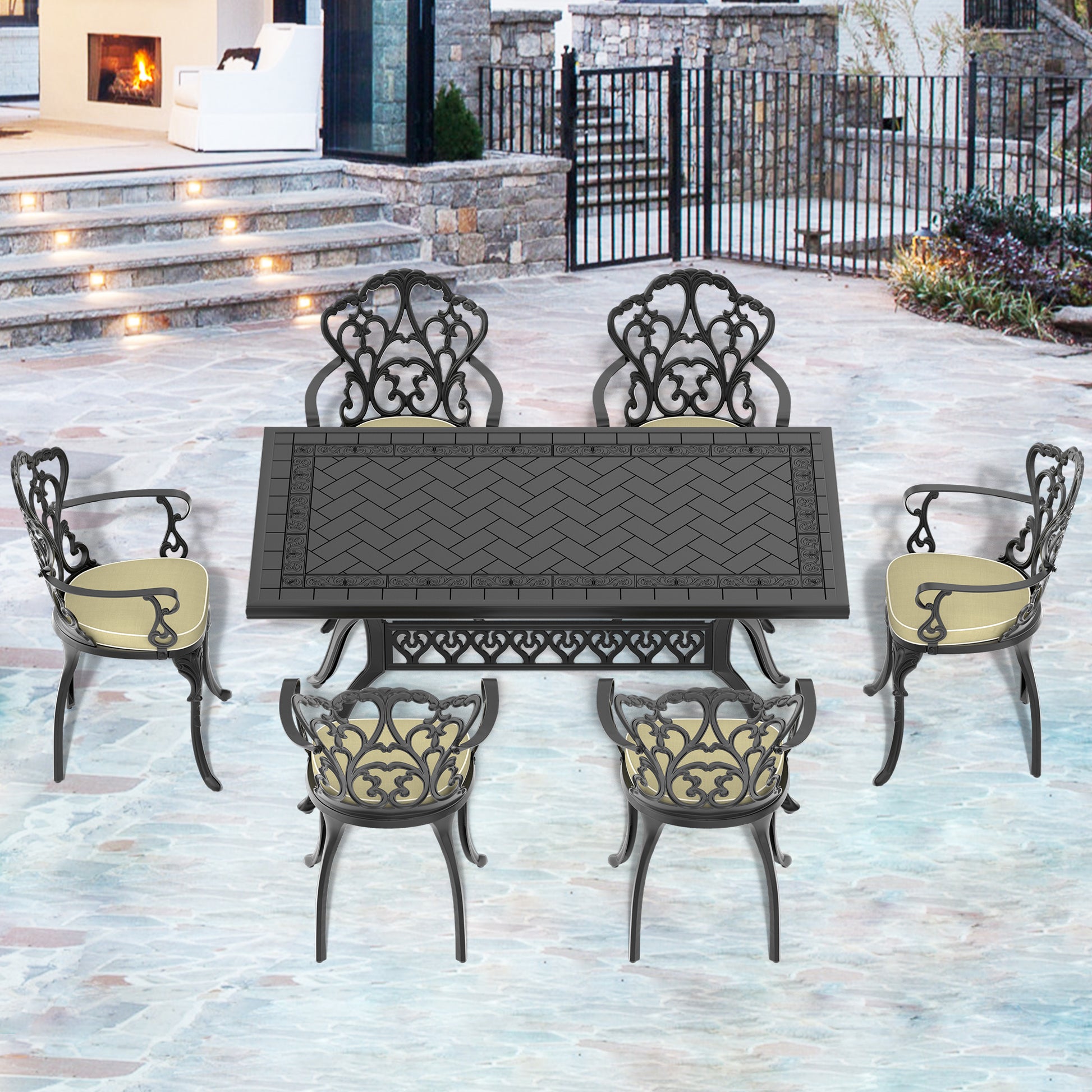 Cushions In Random Colors 7 Piece Set Of Cast Aluminum Patio Furniture With Cushions Yes Dining Set Black Seats 6 Rust Resistant Frame Water Resistant Cushion Garden & Outdoor Complete Patio Sets Aluminium