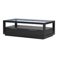 Modern Wood Coffee Table With 2 Drawers ,Minimalist Display Coffee Table With Transparent Tempered Glass, Open Storage Shelf For Living Room Black Solid Wood Mdf