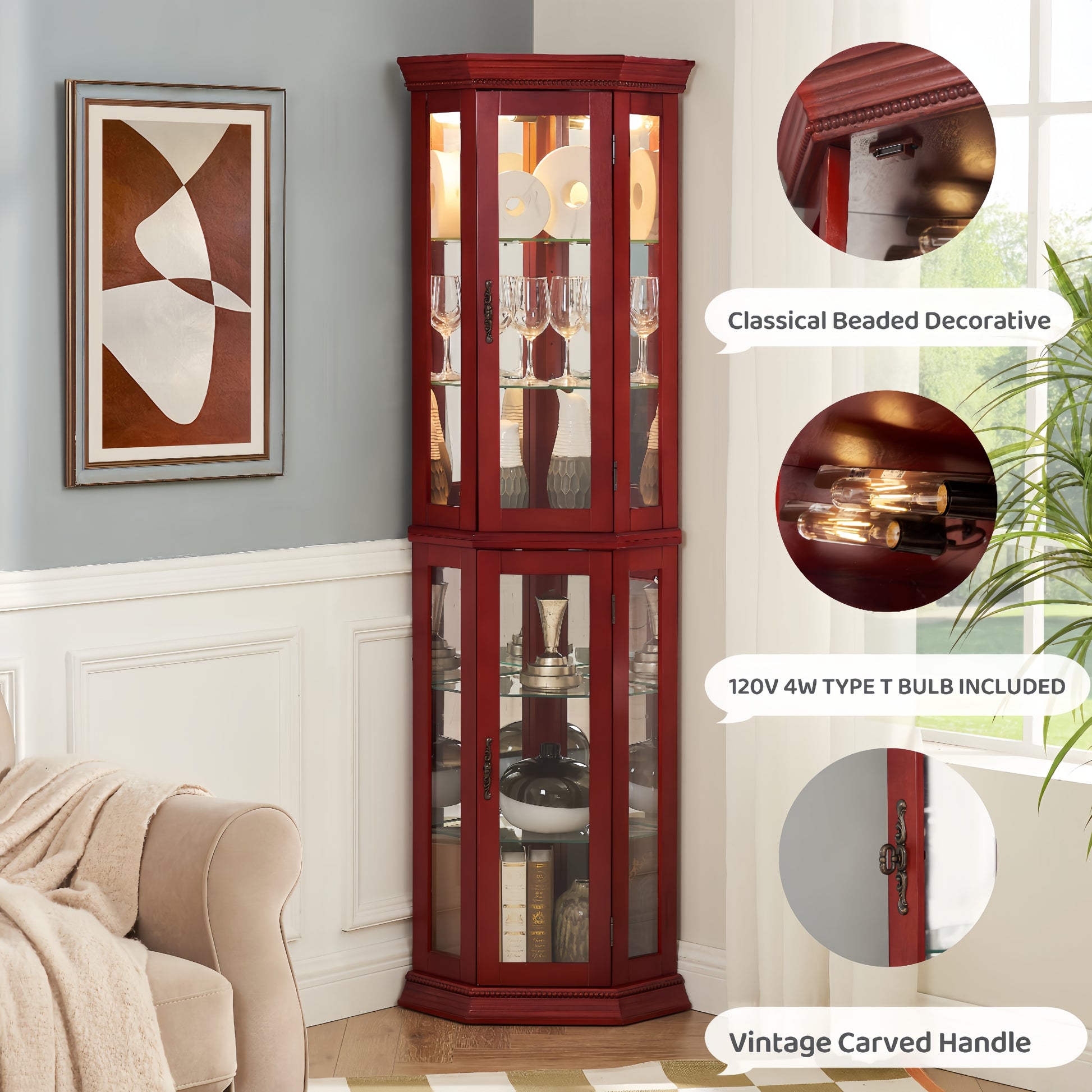 Corner Curio Cabinet Lighted Corner Display, Glass Display Shelf Shelving Bar Cabinet With Tempered Glass Door, Bar Cabinet,Cabinet With Adjustable Shelf Glass Cabinet Shelves Bead Bulb Included Cherry Mdf Glass