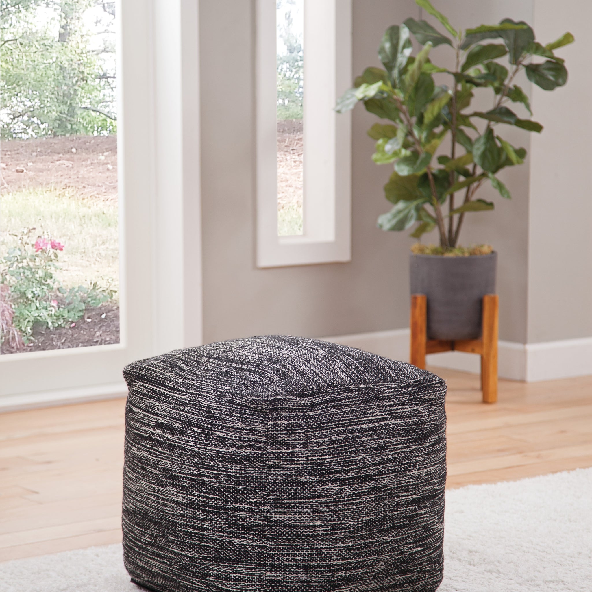 Omari Square Handwoven Woolen Pouf Black Black Fabric