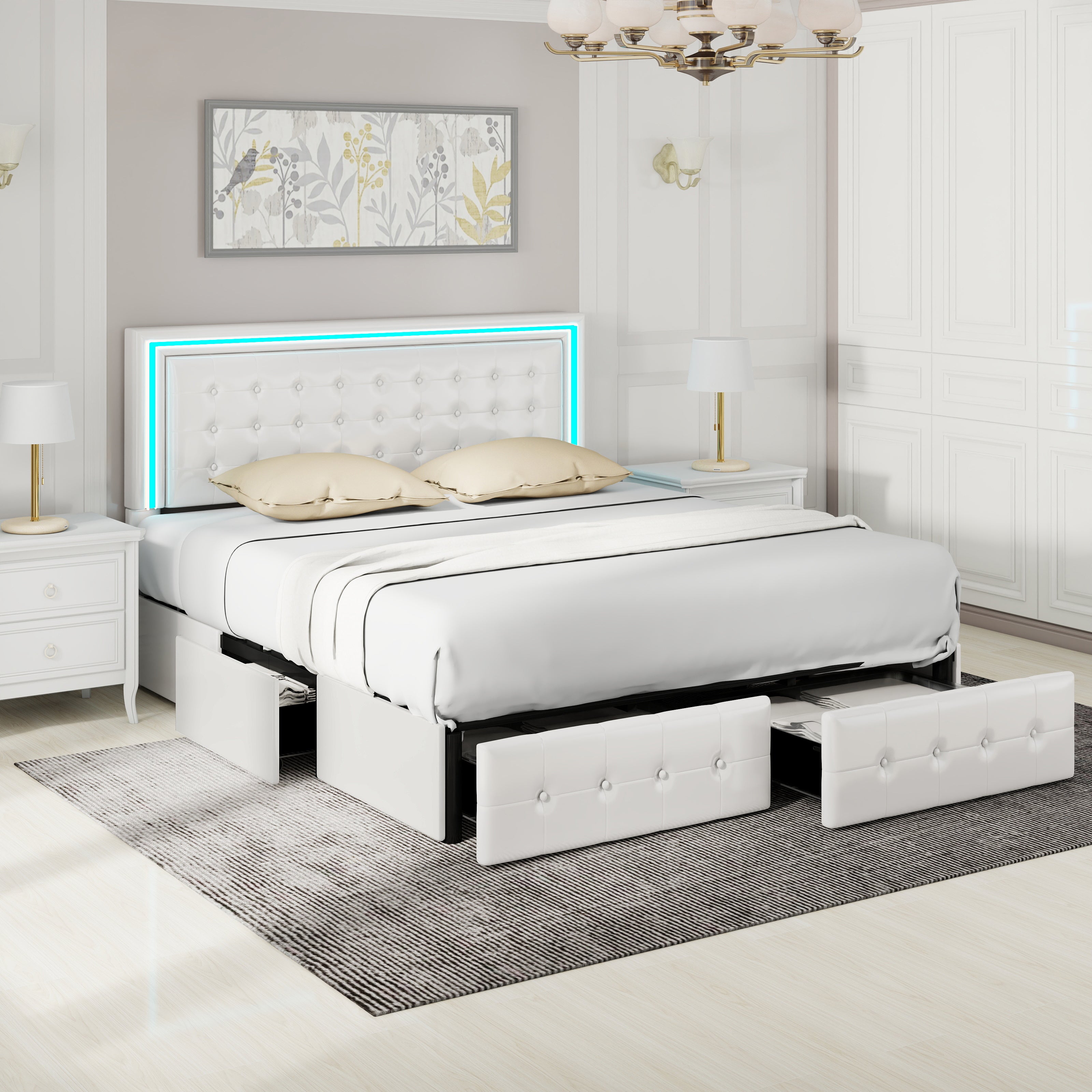 Led Goot Full Size Led Bed Frame With 4 Storage Drawers, Smart Control Rgb Led