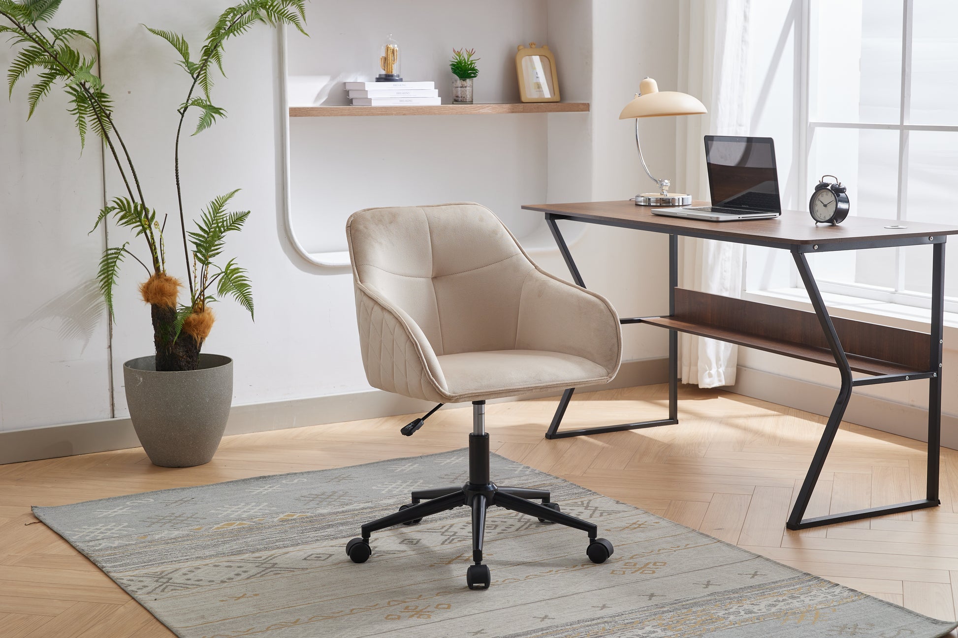 Velvet Office Desk Chair, Modern Home Desk Chair With Wheelsvanity Chairs For Living Room, Bedroom,Study Room Light Camel Foam Polyester Blend