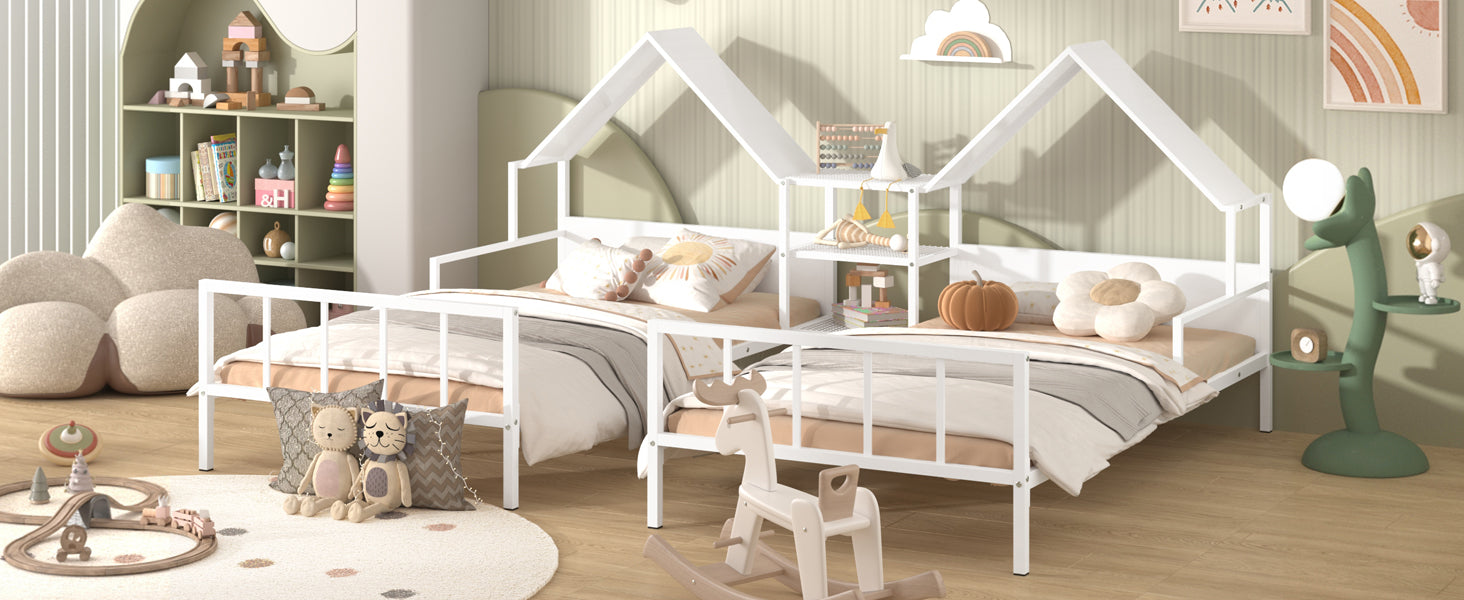 Metal Double Twin Size Platform Bed With House Shaped Headboard And A Built In Nightstand, White Box Spring Not Required Twin White Metal Metal