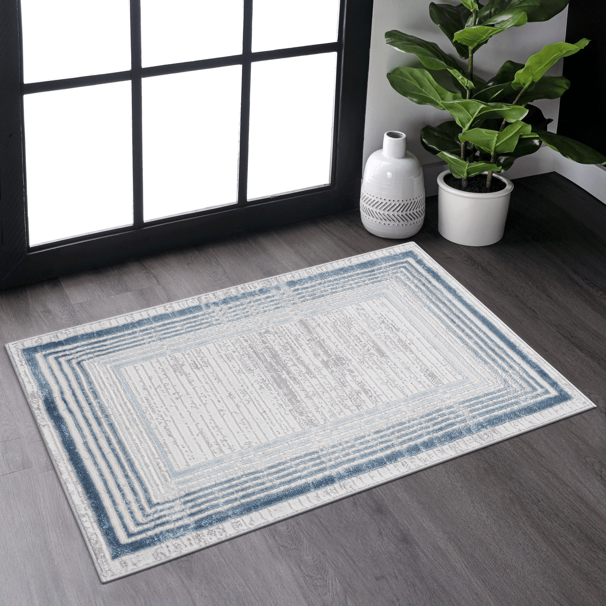 Naar Marfi Collection 2X3 Blue Ivory Bordered Non Shedding Living Room Bedroom Dining Home Office Stylish And Stain Resistant Area Rug Blue Polyester