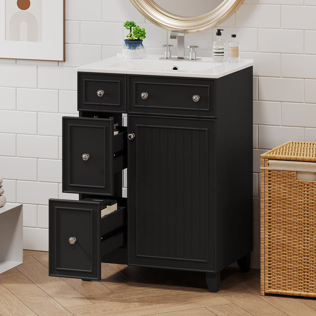 24 Inch Bathroom Vanity Cabinet With Ceramic Sink, 2 Drawers, 1 Door Black Bathroom Solid Wood Mdf