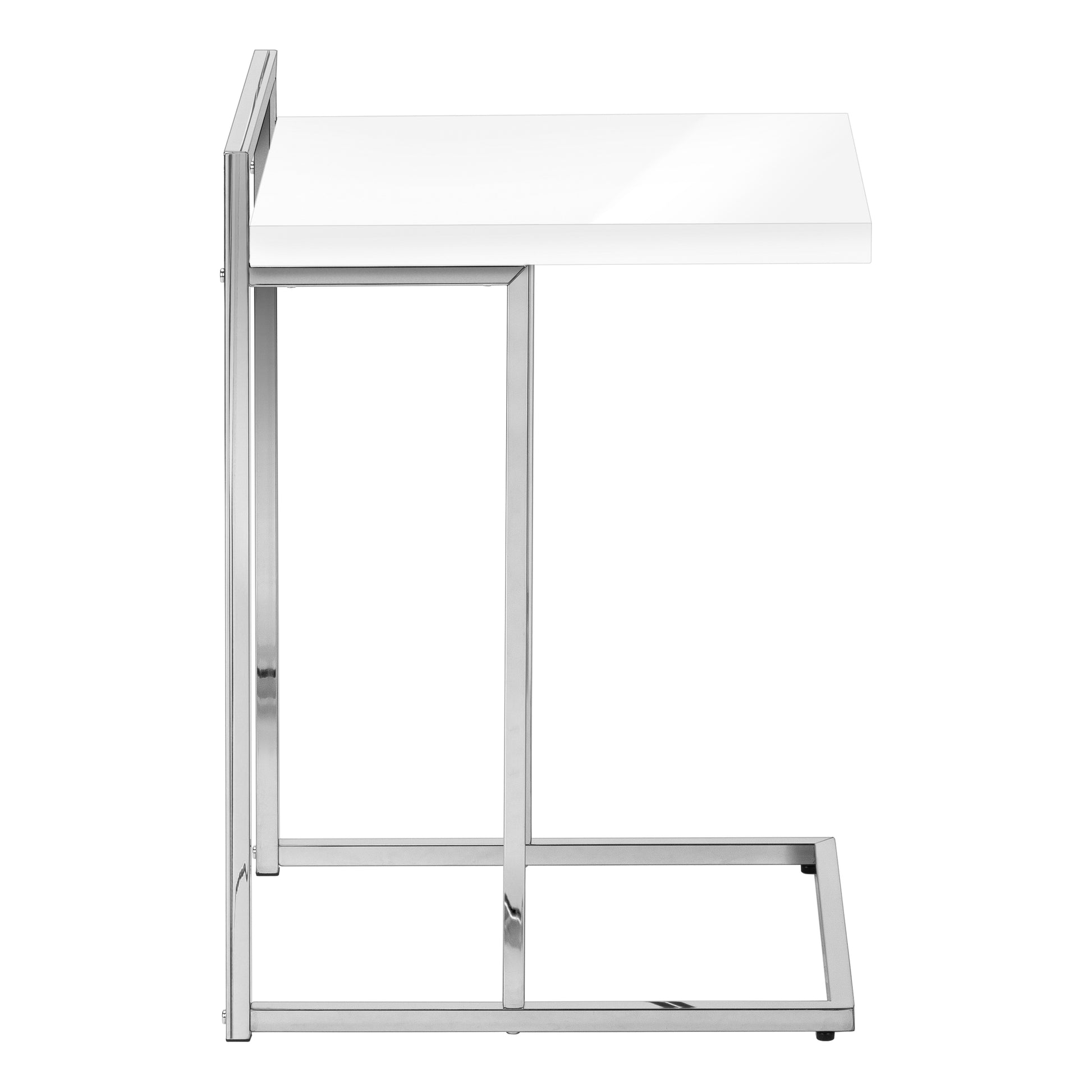 Accent Table, C Shaped, End, Side, Snack, Living Room, Bedroom, Glossy White Laminate, Chrome Metal, Contemporary, Modern White Particle Board