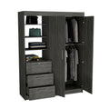 Kenya Armoire With Double Door, Three Drawers, 3 Tier Shelf And Double Hanging Rod Smokey Oak Smoke Grey Bedroom Modern Particle Board