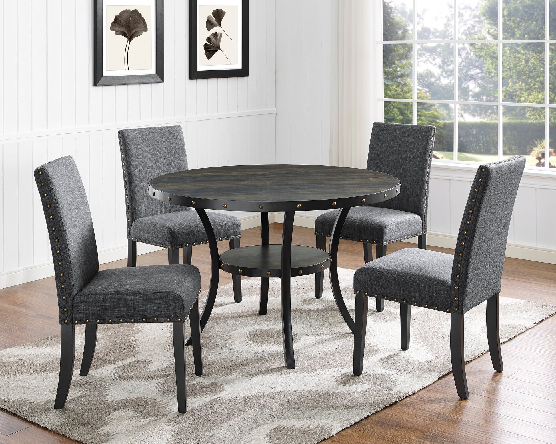 Biony Espresso Wood Dining Set With Gray Fabric Chairs Wood Dining Room Fixed Table Rubberwood Round Dining Table With Chair Wood Wood Black Gray Seats 4 48 Inches Round 4 Leg Solid Wood