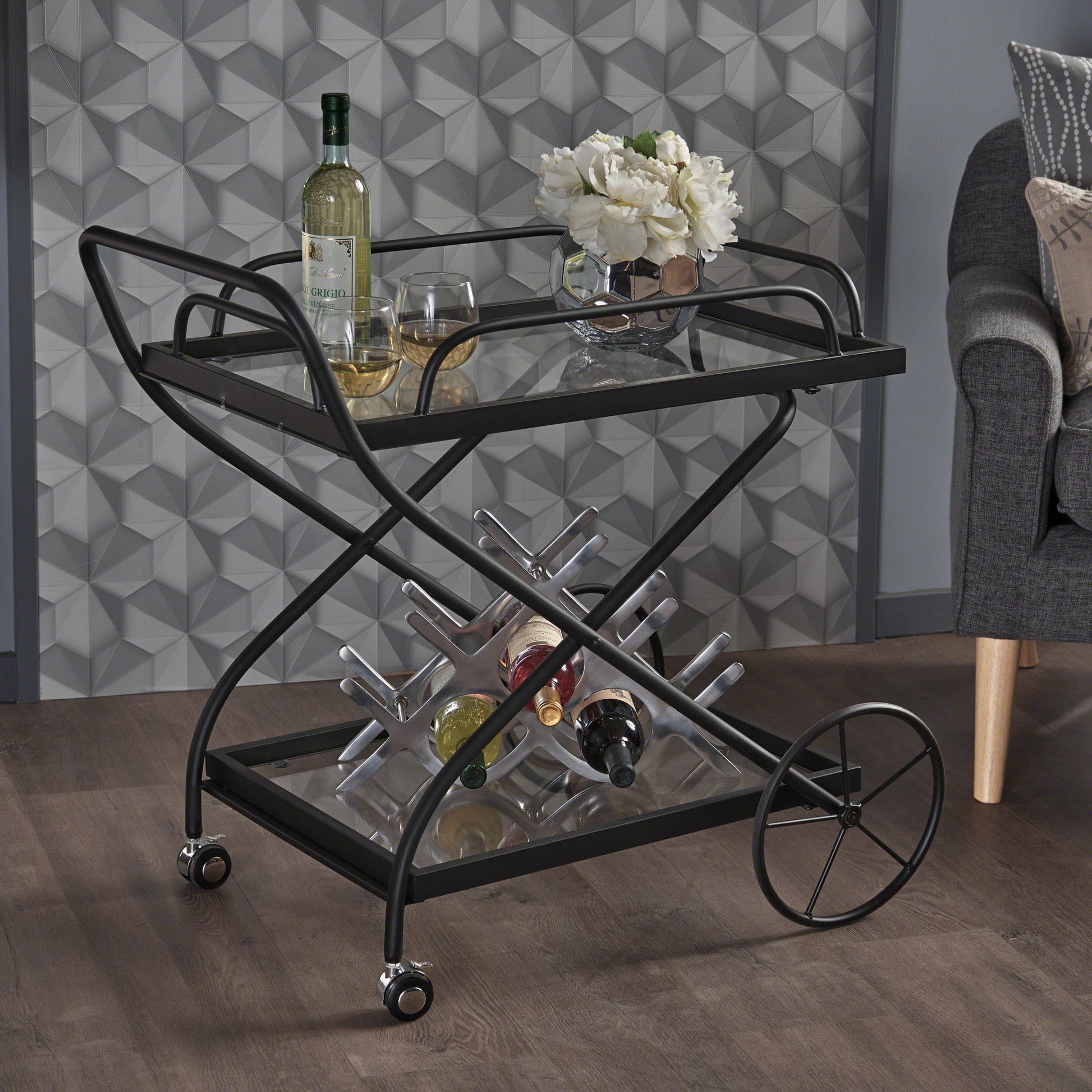 Bar Cart - Black Glass Metal