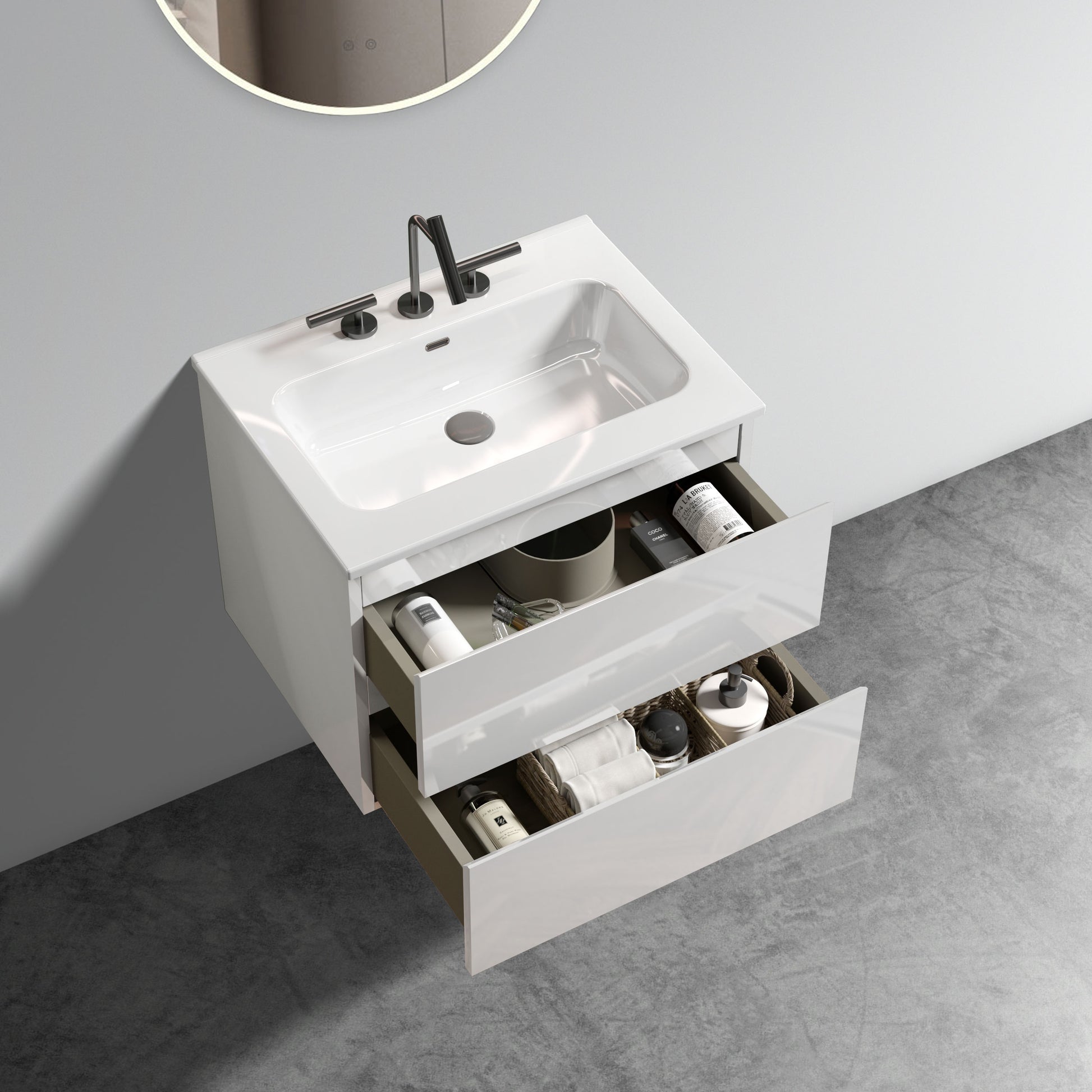 Tia 24" Wall Mount White Glossy Bathroom Vanity With Ceramic Sink With Three Faucet Holes, Large Storage Floating Bathroom Vanity For Bathroom, One Piece Sink Basin Without Drain, Pre Assembled