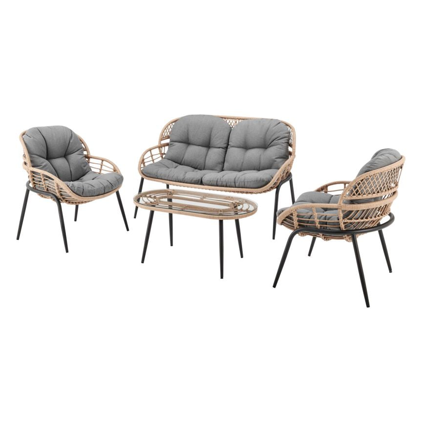 Belize 4 Piece Pe Natural Rattan Outdoor Grey Cushions Conversation Set, Large Grey Pe Rattan Iron