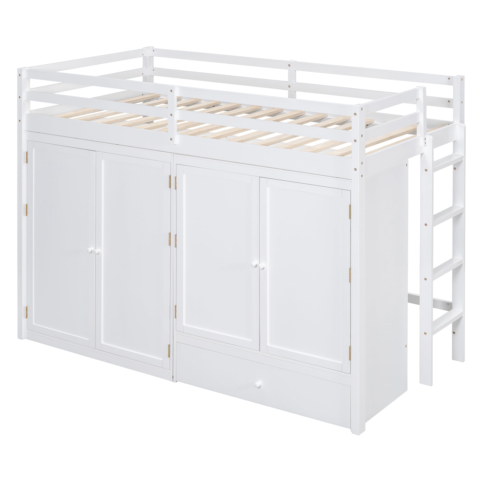 Twin Size Loft Bed With Drawer, Two Wardrobes And Mirror, White White Solid Wood Mdf