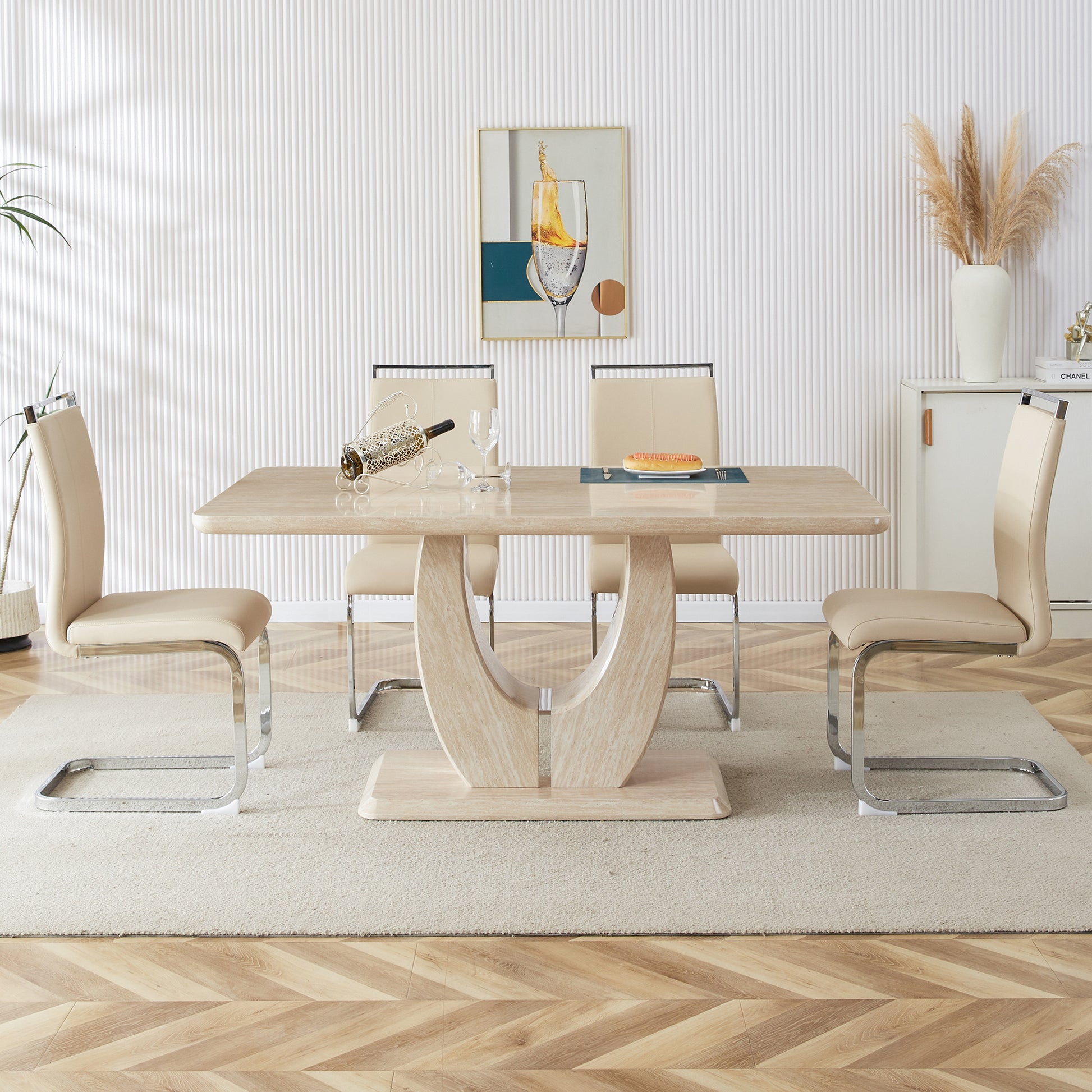 Table And Chair Set.Modern Minimalist Luxury Mdf Rectangular Dining Table With Light Yellow Textured Stickers On The Table, 4 Pu Synthetic Leather High Backrest Soft Cushioned Side Chairs. Light Yellow Seats 4 Mdf