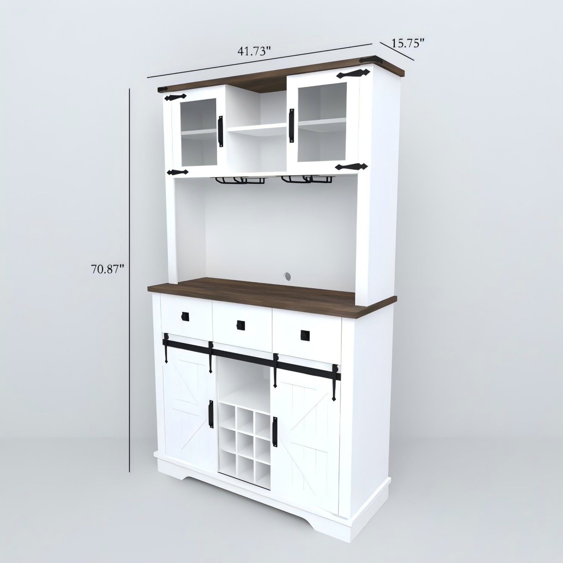 Farmhouse Bar Cabinet With Sliding Barn Door, 70" Rustic Buffet Cabinet With Storage Shelves, Liquor Cabinet With Wine And Glasses Rack, Sideboard Cupboard For Kitchen, Dining Room Antique White