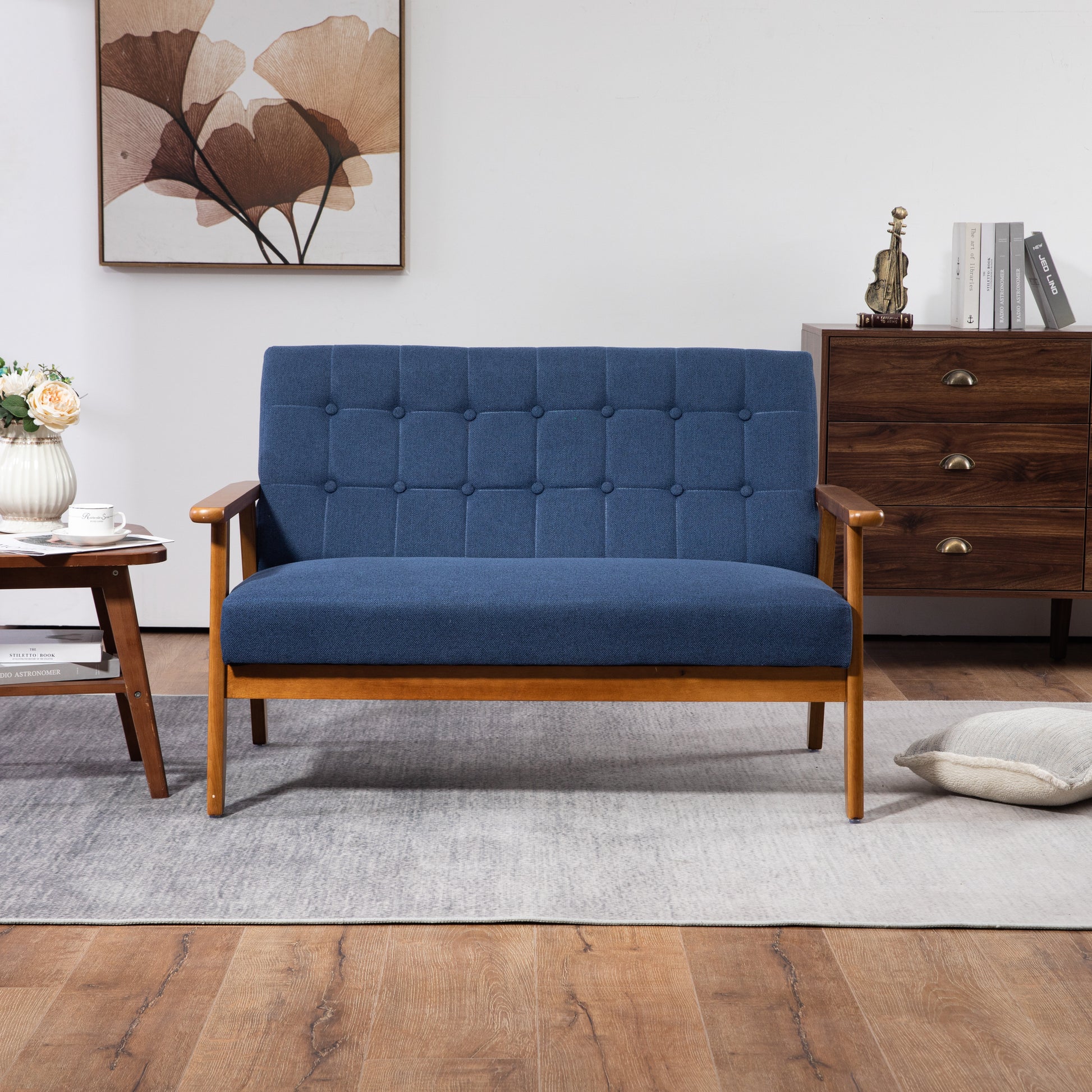 Coolmore Mid Century Modern Solid Loveseat Sofa Upholstered Linen Loveseat, 2 Seat Upholstered Loveseat Sofa Modern Couch Navy Linen 2 Seat
