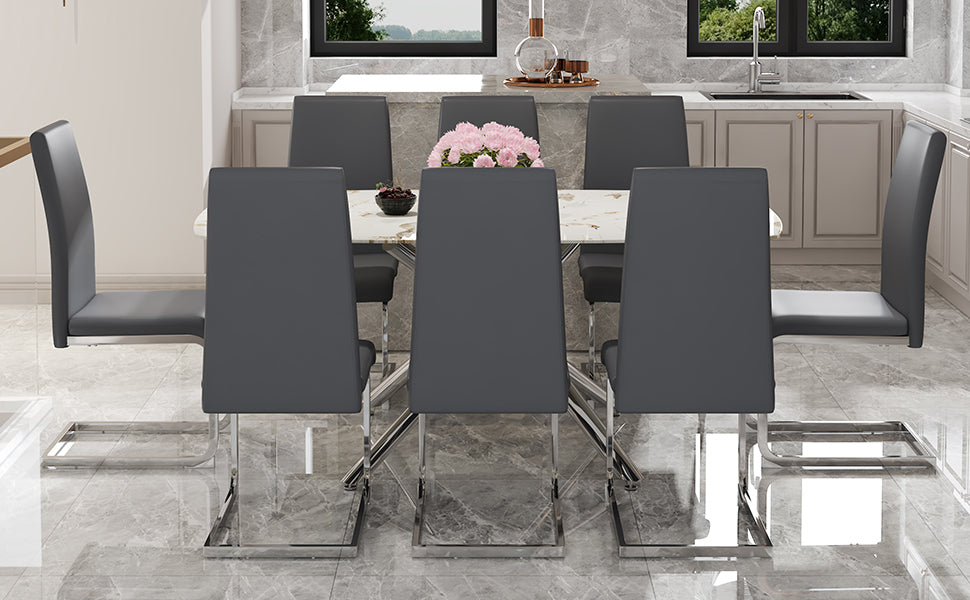 Table And Chair Set, Large Modern Minimalist Rectangular Dining Table, 0.39 "Imitation Marble Tabletop And Silver Metal Legs, Soft Leather Seats. F 1537 Silver Glass Metal