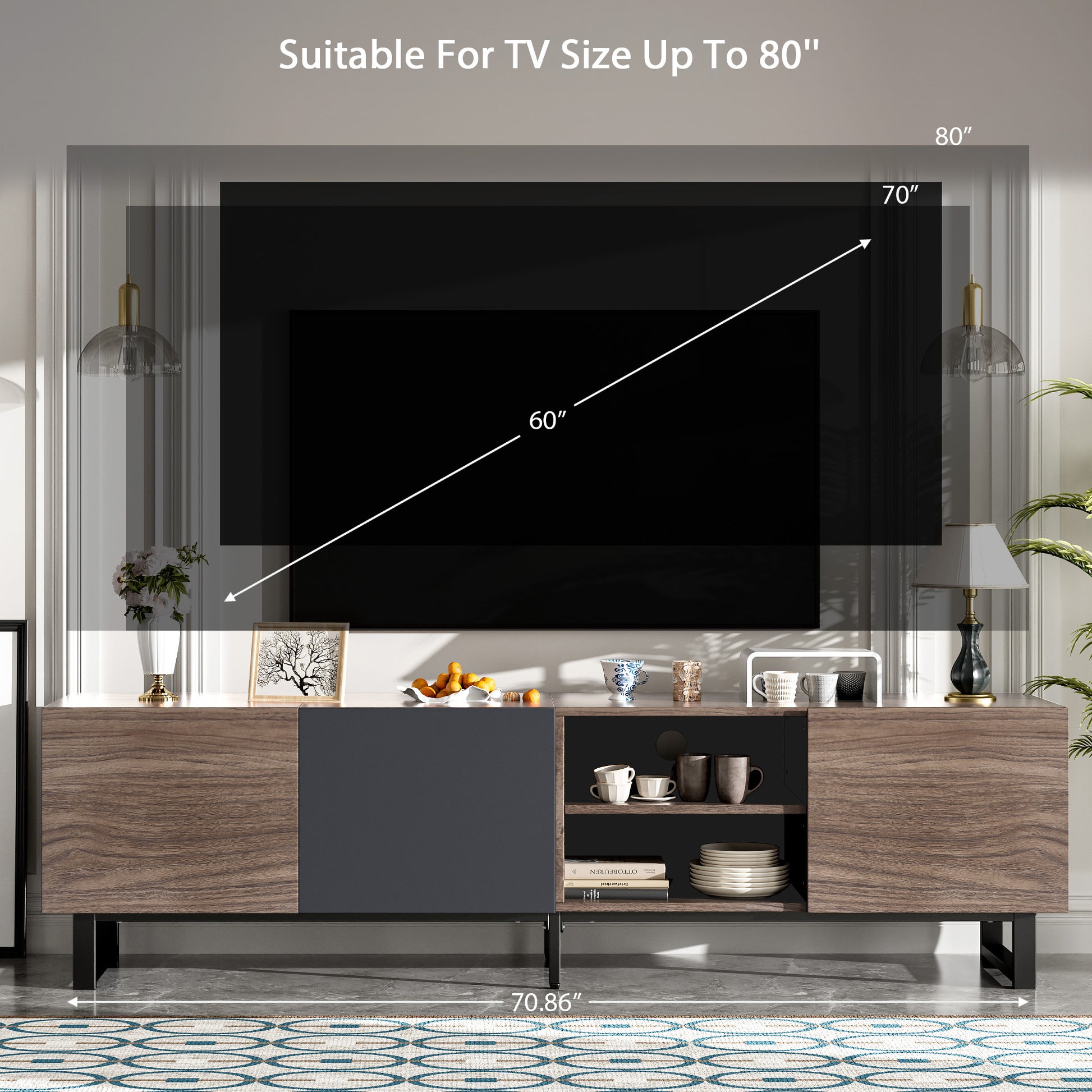 Modern Tv With 3 Cabinets& Open Shelves, Color Matching Media Console Table For Tvs Up To 80'', Entertainment Center With Drop Down Door For Living Room, Bedroom, Home Theatre Dark Brown Primary