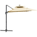 Outsunny 10Ft Cantilever Patio Umbrella With Solar Led Lights & Power Bank, Double Top Outdoor Offset Umbrella With 360 Rotation, Tilt, Crank & Cross Base For Garden, Khaki Khaki Aluminium