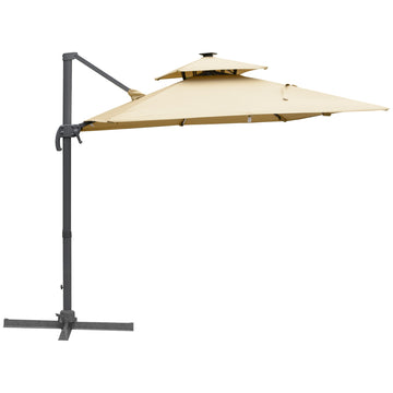 Outsunny 10Ft Cantilever Patio Umbrella With Solar Led Lights & Power Bank, Double Top Outdoor Offset Umbrella With 360 Rotation, Tilt, Crank & Cross Base For Garden, Khaki Khaki Aluminium