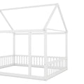 Full Size Floor Wooden Bed With House Roof Frame And Safety Guardrails ,White Full White Pine