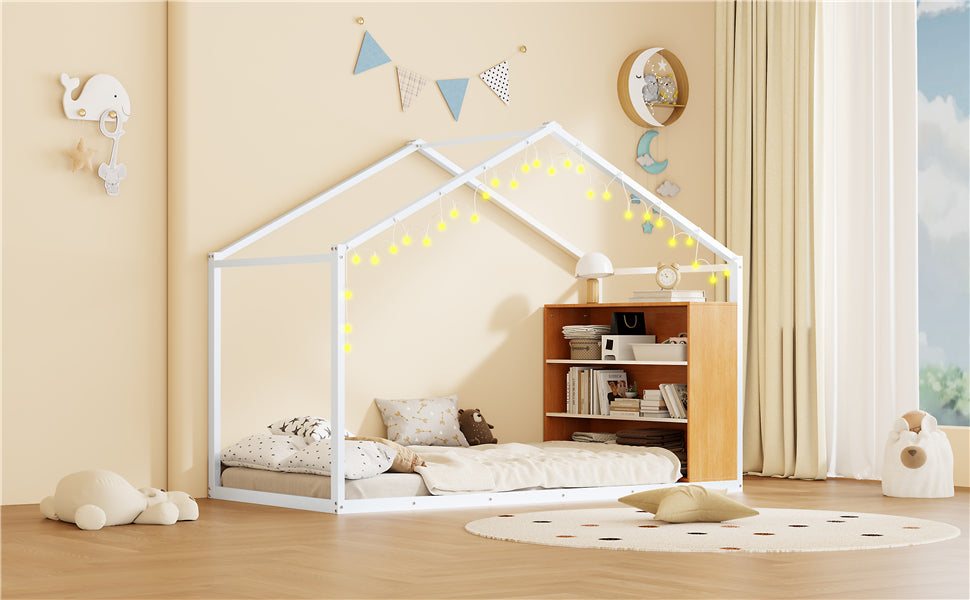 Twin Size Metal Bed House Bed Frame With Shelves And Lights, White Twin White Metal & Wood