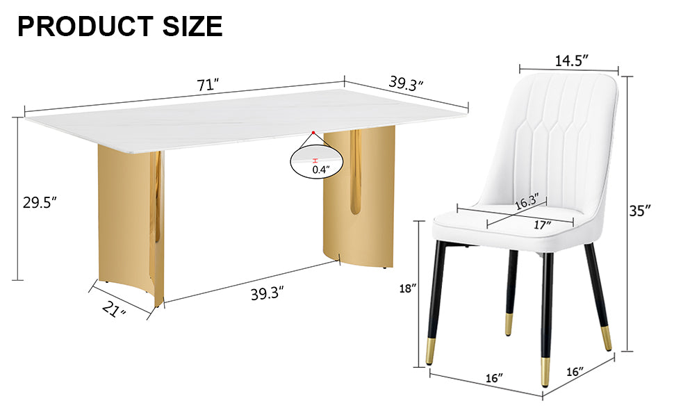 Table And Chair Set.The Table Has A Glass Top With Imitation Marble Pattern Stickers And Stainless Steel Golden Legs. Paried With Chairs With Pu Artificial Leather Backrest Cushions And Black Legs. White Gold Seats 6 Glass Metal