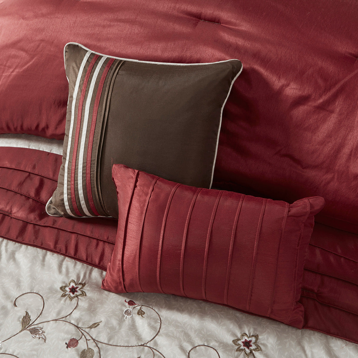 Embroidered 7 Piece Comforter Set Red Queen Queen Red Polyester